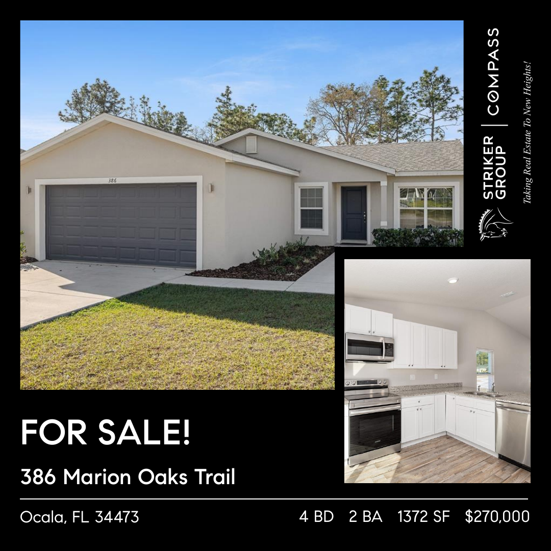 Announcement for sale of 386 Marion Oaks Trail for $270K.